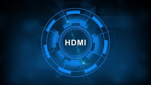 Futuristic blue digital interface displaying the acronym HDMI surrounded by interconnected representing technology business and security concepts on a dark blurred background.4k video