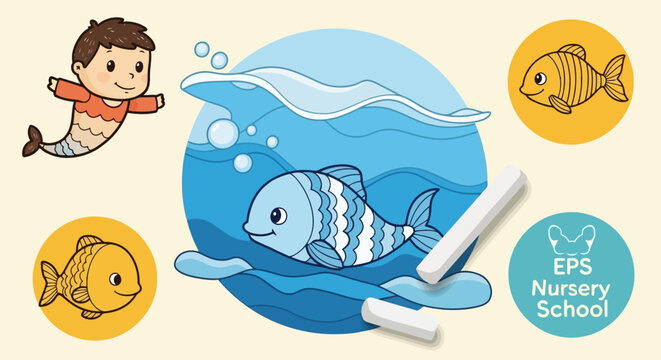 Cute Cartoon Mermaid Boy and Sea Life Vector Illustration for Childrens Education