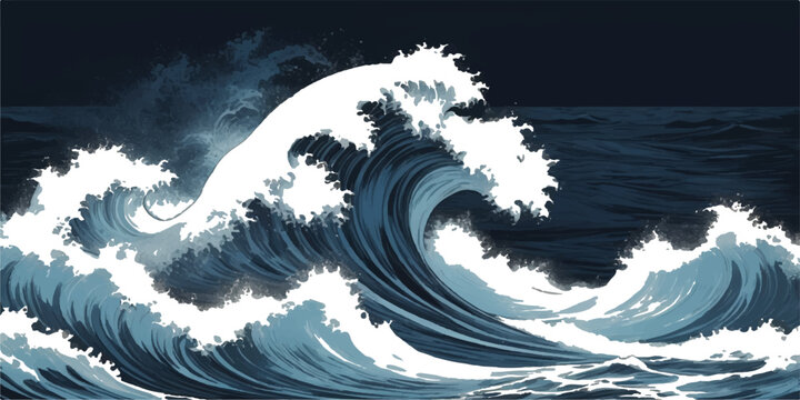 A black and white vector illustration of a dragon leaping through ocean waves and water splashes against a nature background of clouds and sea