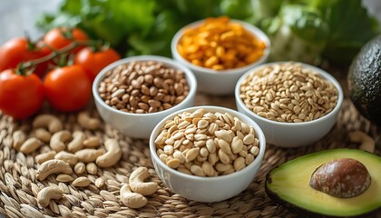 Fototapeta premium A variety of healthy foods including grains, nuts, and vegetables on a woven mat