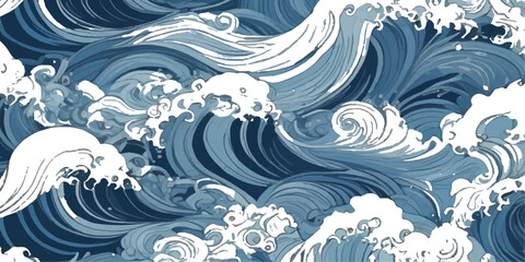 Fototapeta premium Seamless abstract blue background with floral vector patterns and flowing water waves featuring winter swirls and nature ornaments for a seasonal wallpaper design