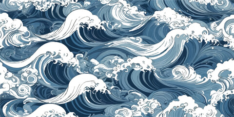 Fototapeta premium Abstract blue vector wallpaper featuring a seamless floral pattern with winter flowers and ocean wave swirls for a decorative nature illustration