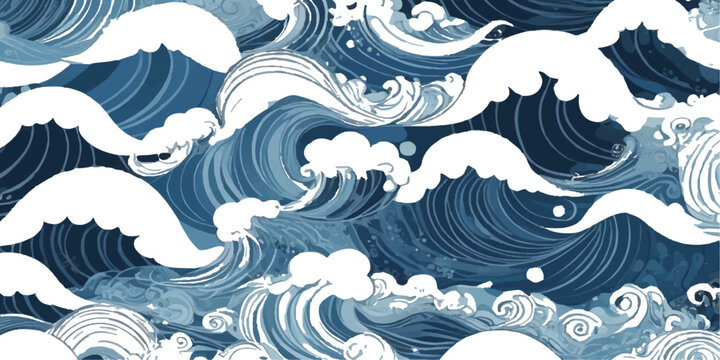 Abstract seamless water wave pattern vector illustration featuring blue ocean curves and nature elements for a decorative summer sea wallpaper design