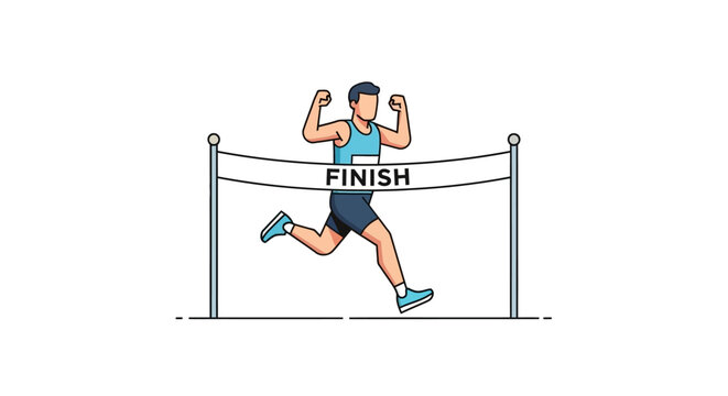 Athlete crossing finish line in minimalist vector illustration