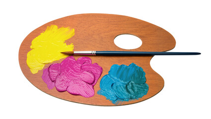 Isolated artist's wooden palette with vibrant yellow, magenta, and teal paint blobs and a paintbrush. © Sorin
