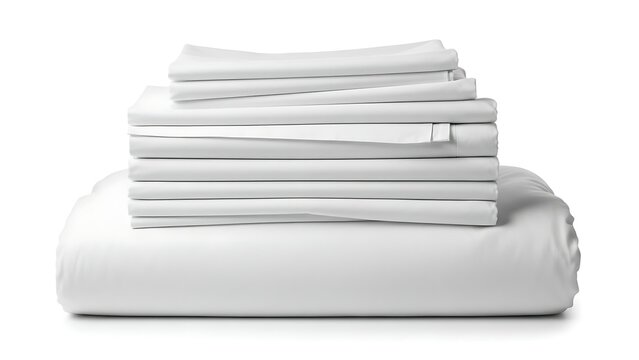 Stack of clean white folded bed sheets and duvet isolated on white background.