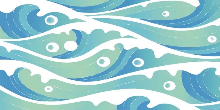 Seamless blue vector illustration of ocean sea waves and marine fish art design for a summer nature wallpaper backdrop
