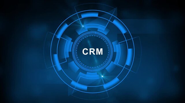 High-tech digital hub displaying CRM acronym surrounded by for customer relations sales marketing and business growth on a dark blue background.4k video