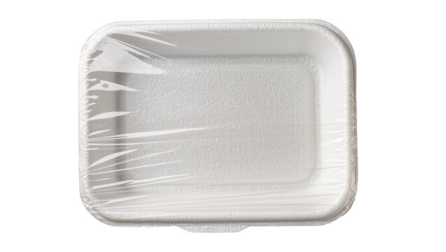 Isolated empty white styrofoam food container wrapped in clear plastic film for delivery