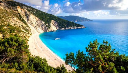 Obraz premium Scenic view of a white sandy beach meeting azure sea, with mountain backdrop and lush green trees under blue sky