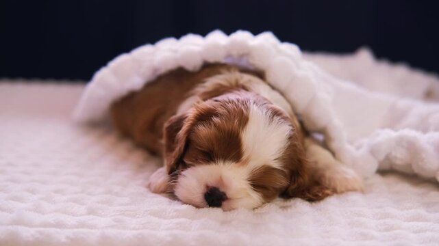 Cute Cavalier King Charles Spaniel sleeping. Funny dog ​​during photo shoot. A pet concept. Adorable pets.