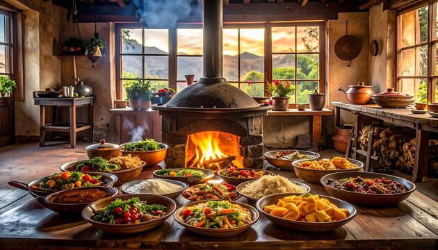 Rustic kitchen with a spread of dishes, warm fireplace, & scenic mountain view through large windows
