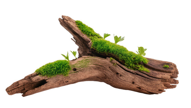 Isolated beautiful aged driftwood element with bright green moss and small plant growth