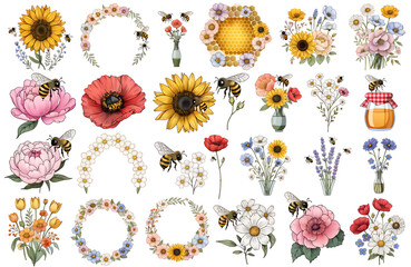 Fototapeta premium Watercolor spring bees on white basckground. Collection of Vector illustrations. Perfect for invitation, card, poster, banner, decoration