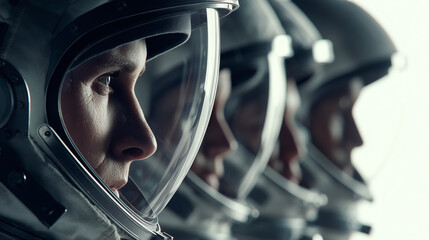 Astronauts in a row with clear lighting and visible faces, concept of human spaceflight, teamwork and mission readiness.