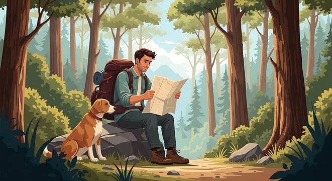 A hiker with his dog rests in a forest, looking at a map surrounded by tall trees and bushes
