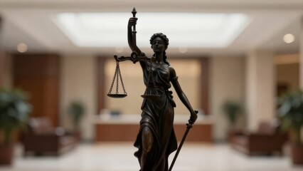 Fototapeta premium Lady Justice Statue Standing In Lobby Atrium, Bronze Sculpture With Scales, Grand Interior And Soft Depth Of Field, Symbolic Center Of Courthouse Architecture And Civic Tradition