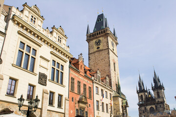 Fototapeta premium The Old Town Hall with its famous tower and the Prague Astronomical Clock on Old Town Square in Prague.