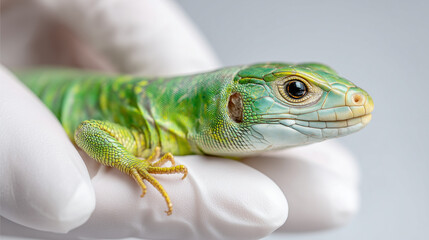 Naklejka premium Close-up of green lizard on hand, exotic pet and wildlife macro concept.