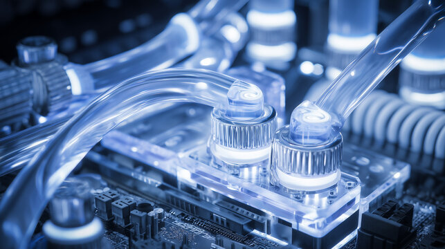 Close-up of liquid cooling system on computer motherboard, high-tech hardware concept.