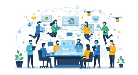 Naklejka premium Business team collaboration with digital devices and data exchange