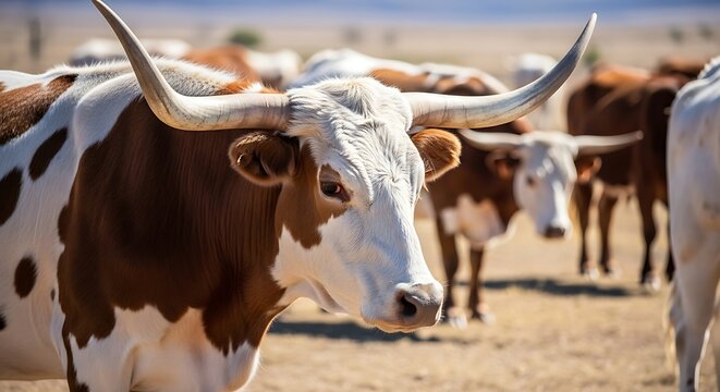 A longhorn cow with impressive horns leads a herd in a dry, open field