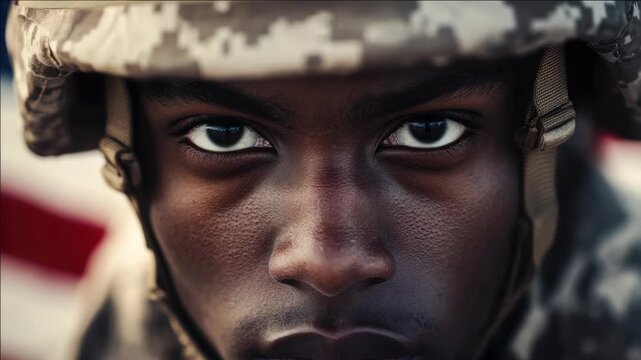 Army soldier looking forward with focused expression.