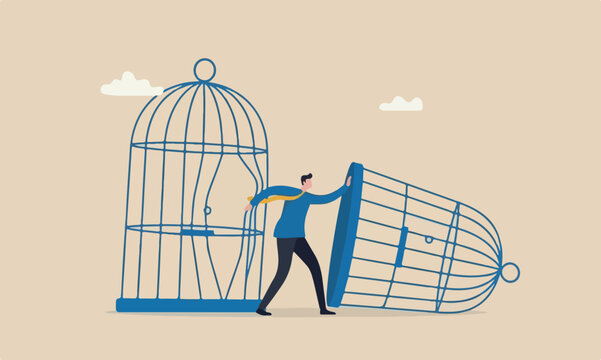 Escape from experience new challenge or break free for freedom concept, strong ambitious businessman bended the bar and escape from bird cage trap