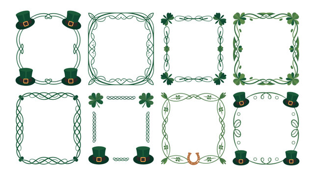 Collection of eight green decorative frames with st patricks day motifs keywords border shamrock clover