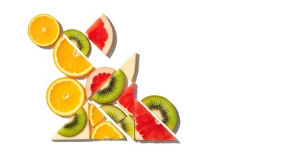 Naklejka premium Creative Rabbit Shape Made from Sliced Orange, Grapefruit, and Kiwi with Geometric Triangles on White Background Representing Playful Food Art, Freshness, and Artistic Design