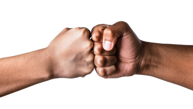 Isolated two diverse hands making a fist bump gesture representing teamwork, unity, and power