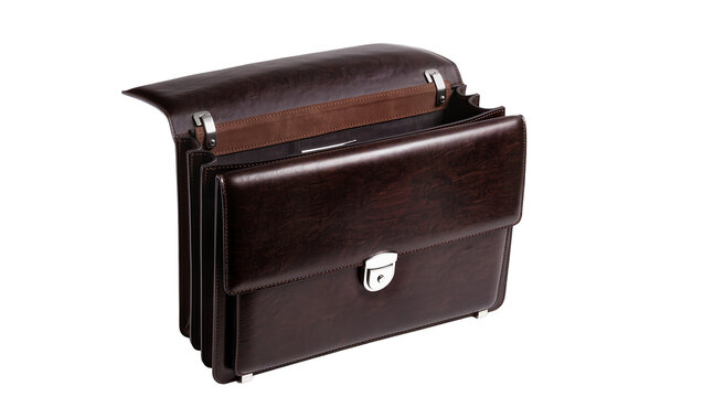 Isolated professional open dark brown leather briefcase for corporate business documents