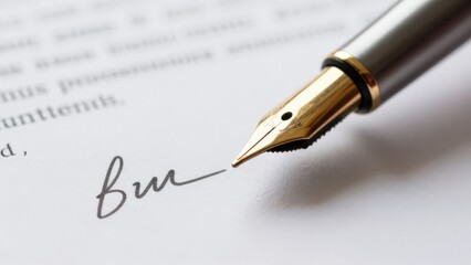 Fototapeta premium Close Up Fountain Pen Signing Contract, Crisp Black Ink Tracing Cursive Signature On Textured Paper, Shallow Depth Of Field And Soft Studio Light, Professional Legal Atmosphere For Agreement