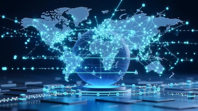 Dynamic visualization of global digital money transfers facilitated by seamless data flow across advanced interconnected network depicting secure fintech infrastructure