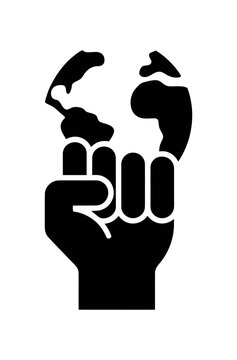 Raised black fist holding a globe in a vector symbolizing unity