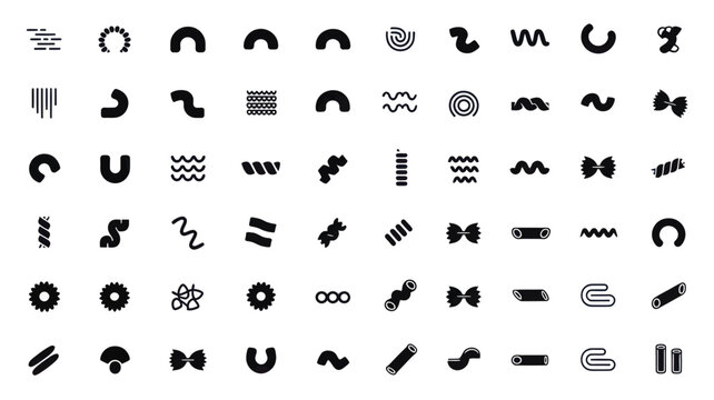 Set of 64 Black Pasta Shape Icons Vector
