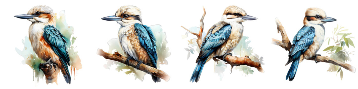 Watercolor illustration of kookaburras perched on branches against a black background