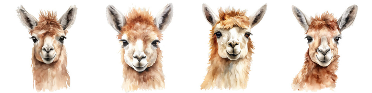 Watercolor painting of four alpaca heads in a row against a black background