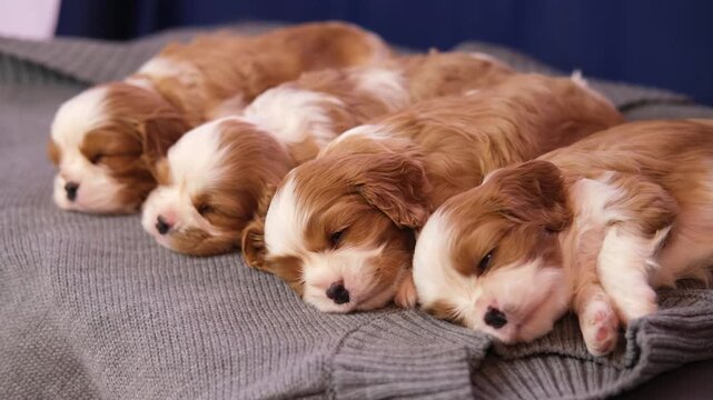 Adorable Cavalier King Charles Spaniel puppies nestle together on a blanket against a soft bokeh background. A pet concept.	
