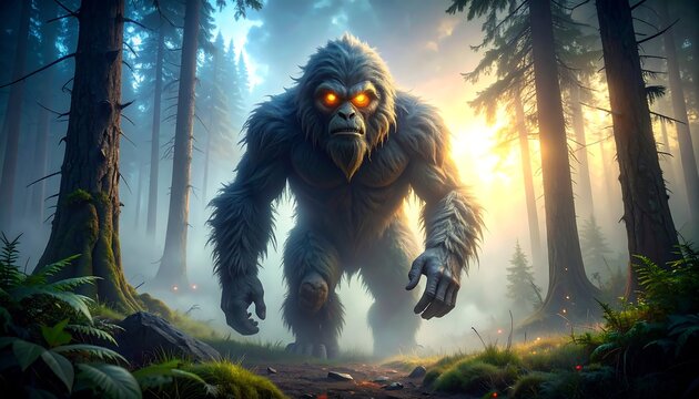 A towering, furry cryptid, glowing eyes aglow, emerges from a misty forest path toward the viewer. Sunlight streams between trees