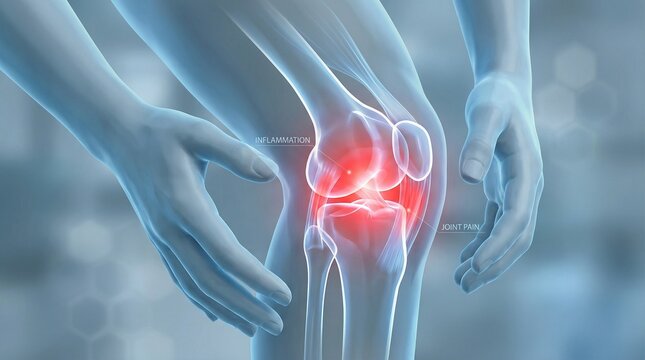 A medical illustration focused on knee joint health. It features a translucent, blue-toned human figure holding their knee, with a glowing red highlight centered on the patella (kneecap).