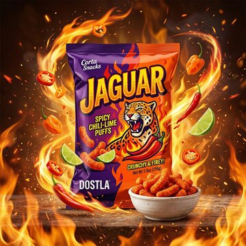 Spicy cheese puffs in bag, jaguar snack packaging, cheesy puffed corn, spicy food