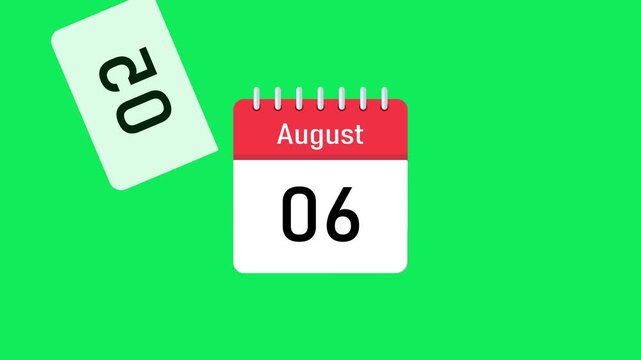 seamless page turning august date timeline animation with continuous motion graphics sequence. august calendar flipbook animation with smooth day transition from 1 to 31 green screen background. 