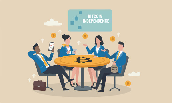 Bitcoin investment,meeting together crypto investing or believe in Bitcoin independence concept, calm businessman investor relax sitting on Bitcoin