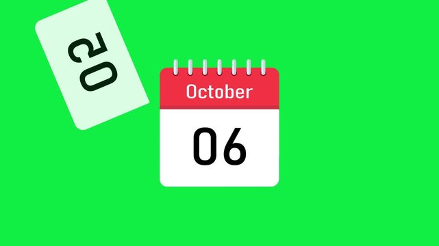 october calendar flip animation from 1 to 31 with smooth daily transitions green screen background. 4k october calendar flip animation with day by day sequence and smooth looping transition effect.