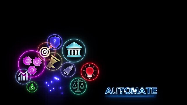 Colorful and automate text on black background automation neon ,4k video.