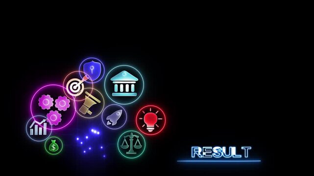 Neon colored business connected by glowing blue lines on black background with result text ,4k video.