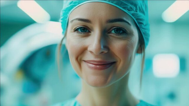 The video features a woman wearing a medical uniform and a surgical mask, likely inside an operating room or similar sterile environment. She is gazing towards the camera with a focused expression.