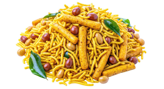 A pile of crispy indian namkeen snack mix isolated on transparent background with peanuts and curry leaves, popular street food.
