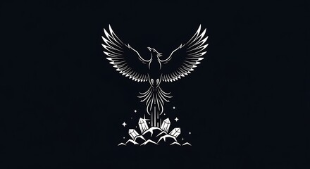 Fototapeta premium A white phoenix rises from crystals, wings spread, on a black backdrop